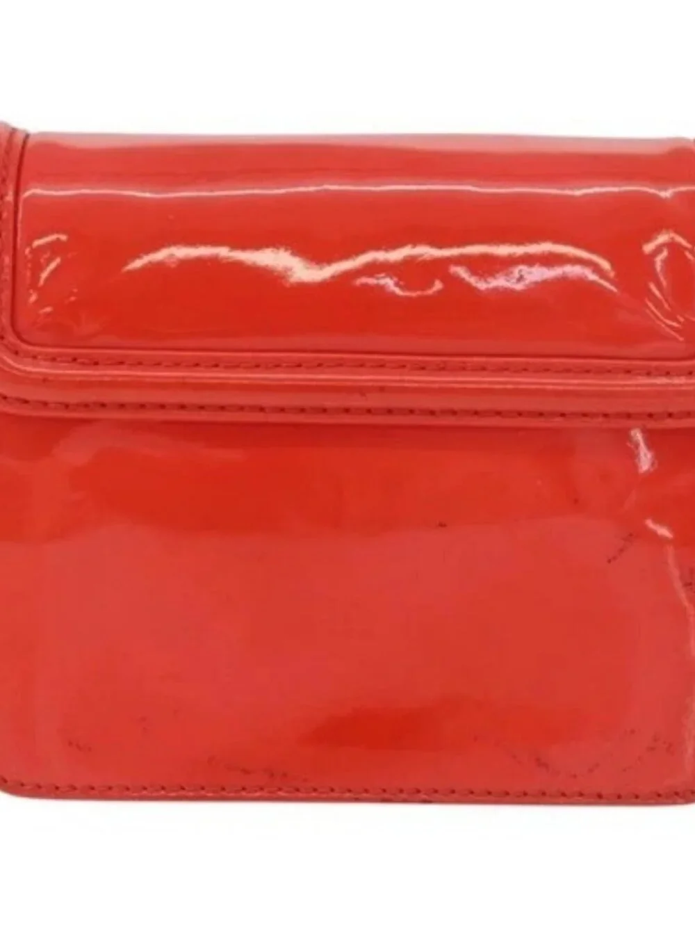 CHANEL Chain Shoulder Wallet Patent leather Orange Gold CC Auth 130637